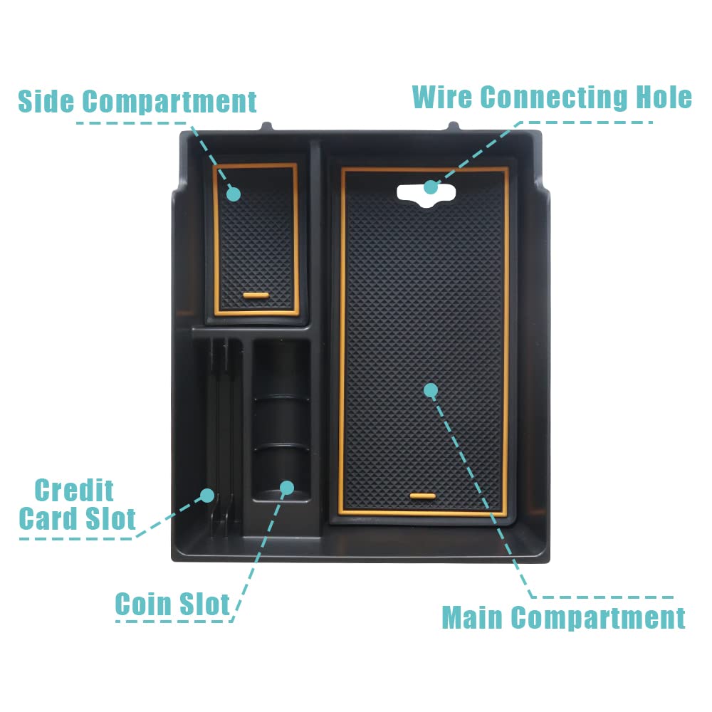 BestEvMod for Rivian R1T & R1S Accessories Center Console Organizer Tray Armrest Storage Box ABS Material with PVC Trim Compatible with Rivian R1T/R1S 2022 2023 2024 2025 2026 Accessories(V2 Yellow)