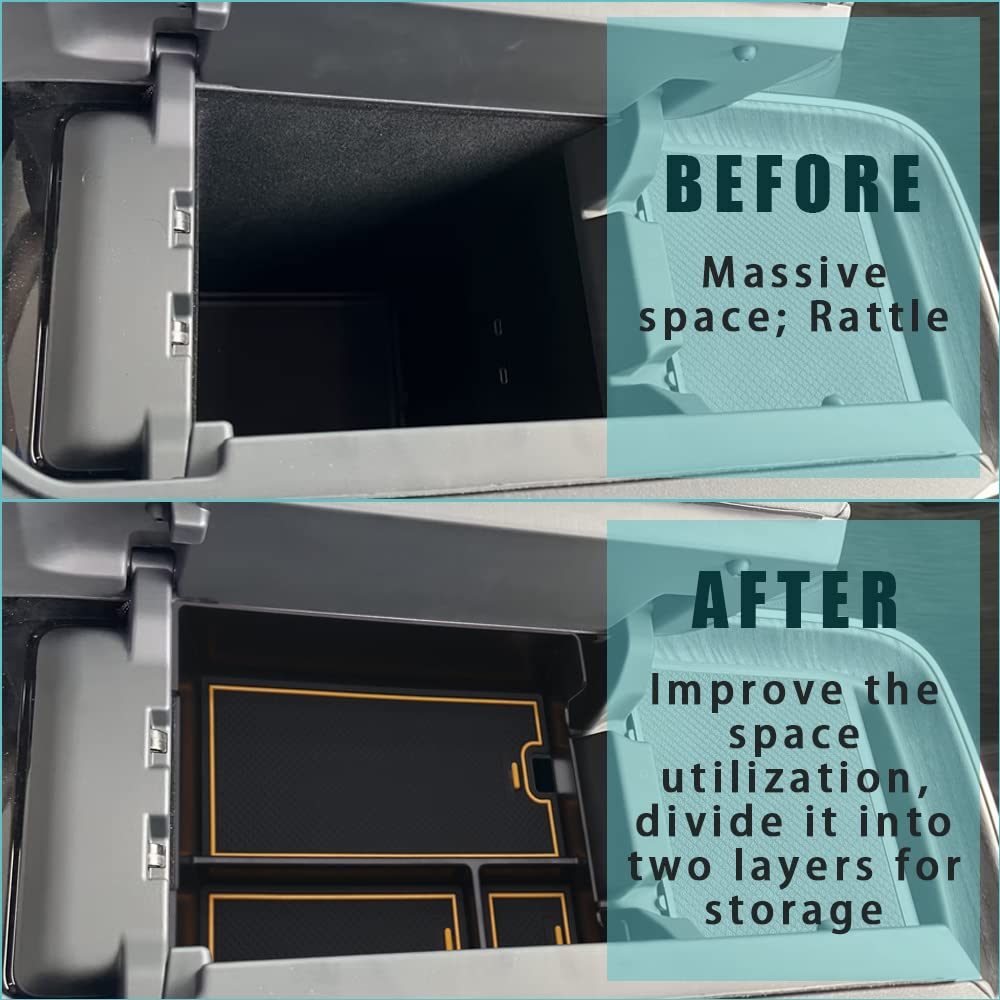 BestEvMod for Rivian R1T & R1S Accessories Center Console Organizer Tray Armrest Storage Box ABS Material with PVC Trim Compatible with Rivian R1T/R1S 2022 2023 2024 2025 2026 Accessories(V2 Yellow)