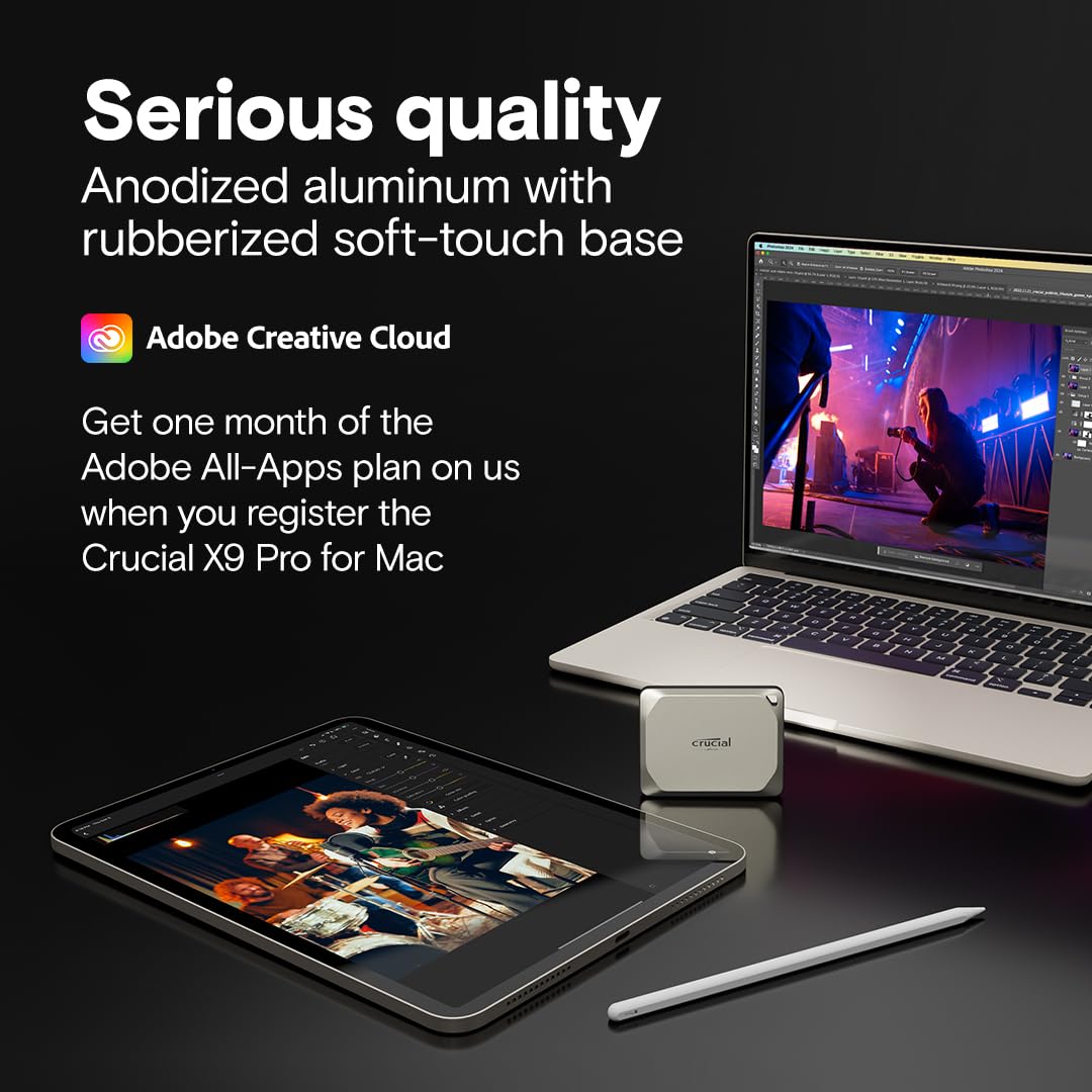Crucial X9 Pro 1TB Portable SSD, Up to 1050MB/s Read & Write, 3.2 USB-C, External Solid State Drive, Durable Storage for PC & Mac, for Content Creators & Videogaphers, Silver - ‎CT1000X9PROSSD902