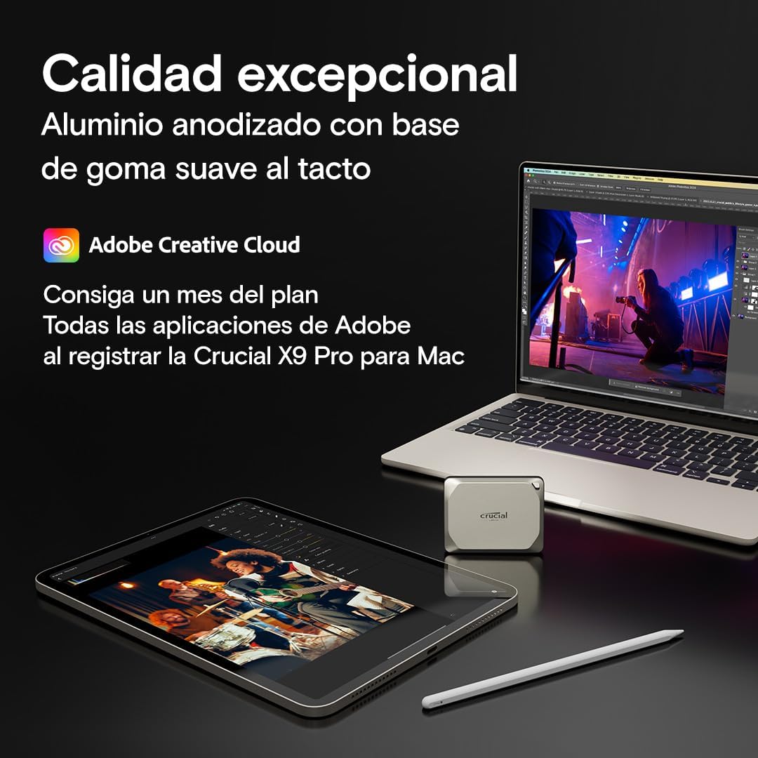 Crucial X9 Pro 1TB Portable SSD, Up to 1050MB/s Read & Write, 3.2 USB-C, External Solid State Drive, Durable Storage for PC & Mac, for Content Creators & Videogaphers, Silver - ‎CT1000X9PROSSD902