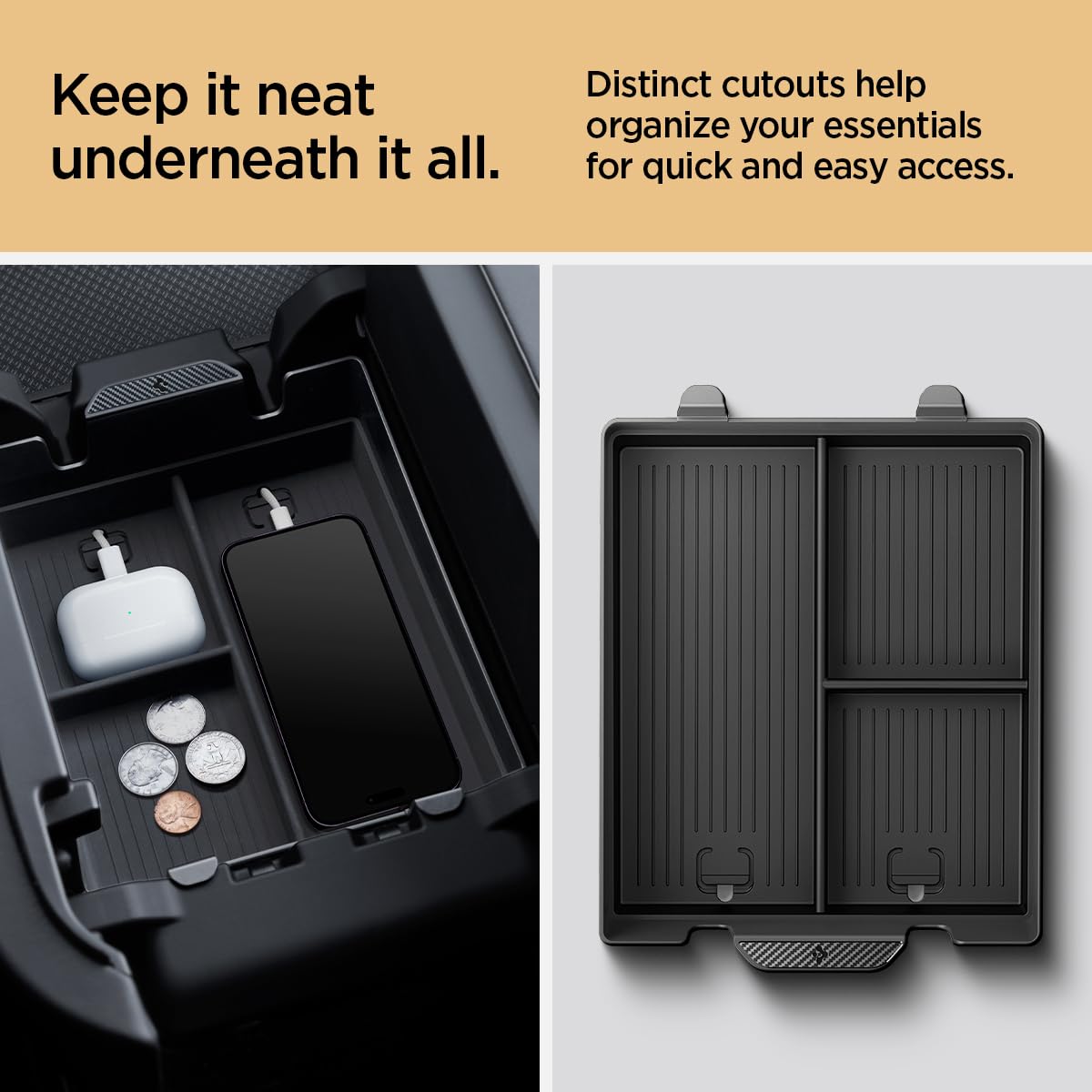Spigen Console Organizer Tray (Carbon Edition) Designed for Rivian R1T and R1S 2025 2024 2023 2022