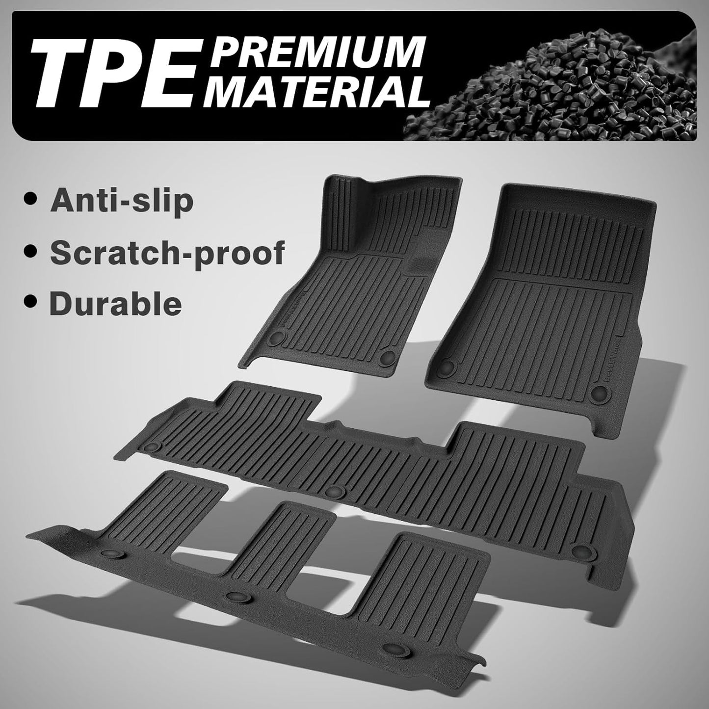 BestEvMod All Weather Floor Mats Compatible with Rivian R1S 2025 2026 Anti-Slip 3D Pattern TPE Heavy Duty Rubber Waterproof Non-Slip Floor Liner 1st & 2nd & 3rd Rows Set Gen 2 Accessories (2025+ R1S)