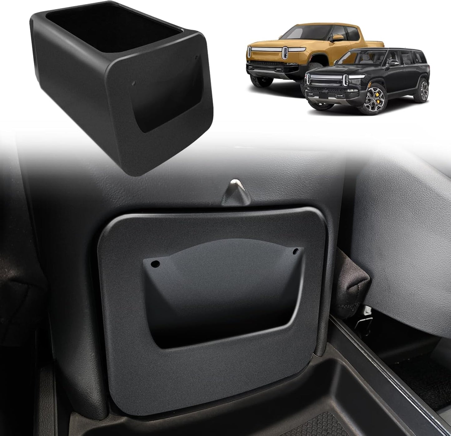 BestEvMod [Lockable Camp Speaker Drawer Organizer Tray Compatible with 2022-2025 2026 Rivian R1T R1S Storage Tray Box ABS w/Vegan Leather Liners Adjustable Dividers Lockable on Car Screen