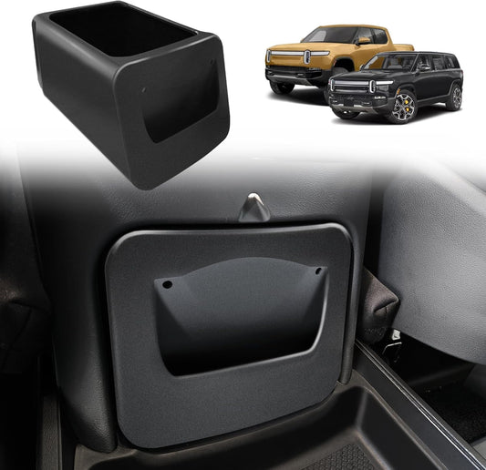 BestEvMod [Lockable Camp Speaker Drawer Organizer Tray Compatible with 2022-2025 2026 Rivian R1T R1S Storage Tray Box ABS w/Vegan Leather Liners Adjustable Dividers Lockable on Car Screen