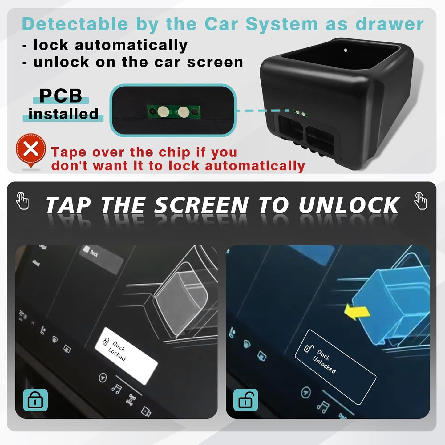 BestEvMod [Lockable Camp Speaker Drawer Organizer Tray Compatible with 2022-2025 2026 Rivian R1T R1S Storage Tray Box ABS w/Vegan Leather Liners Adjustable Dividers Lockable on Car Screen