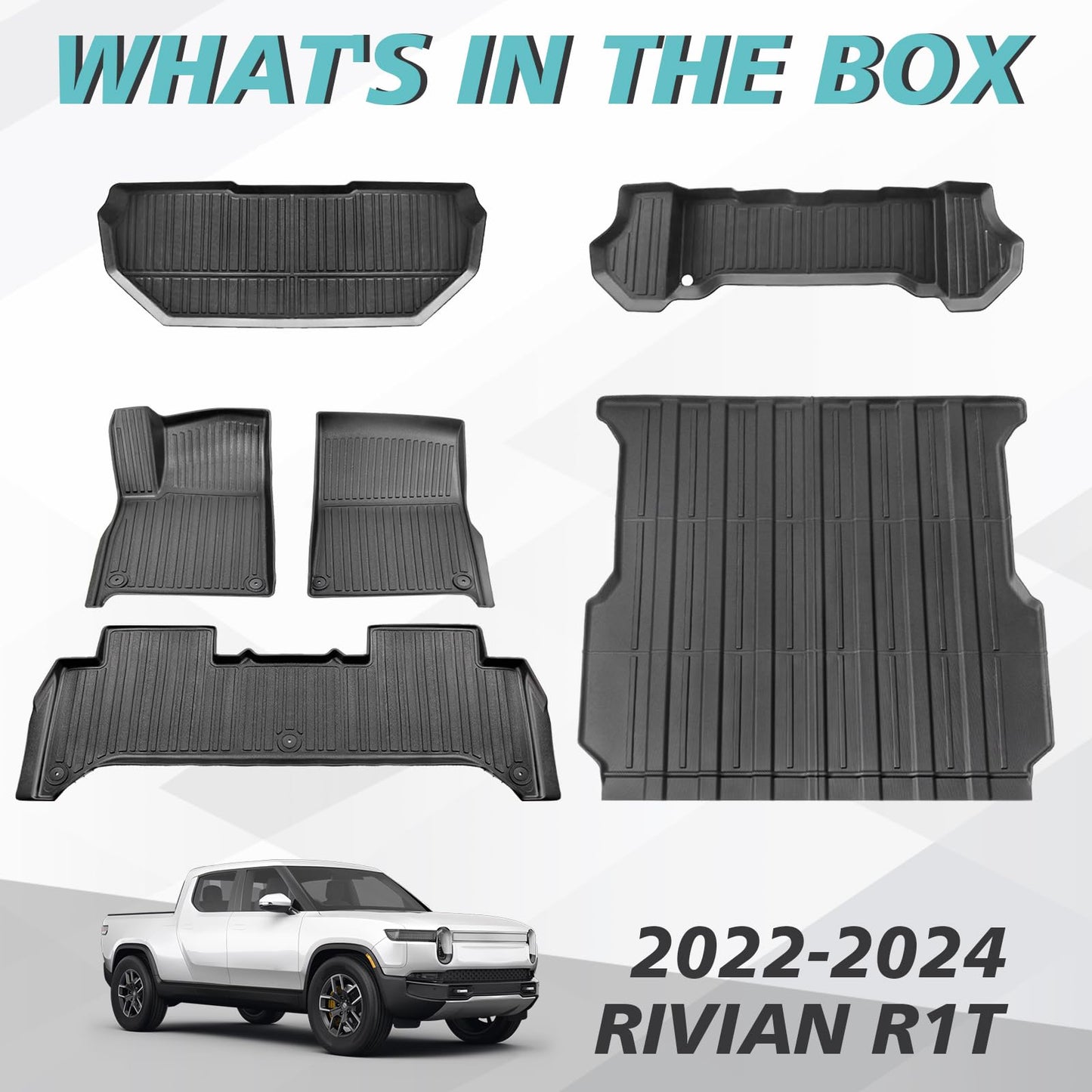 BestEvMod Compatible with Rivian R1S All Weather Cargo Liners Frunk Mat&Floor Liners&Trunk Mat Set Anti-Slip 3D Pattern TPE Waterproof Non-Slip 2022-2024 Accessories (R1S-Frunk+Floor+Trunk)