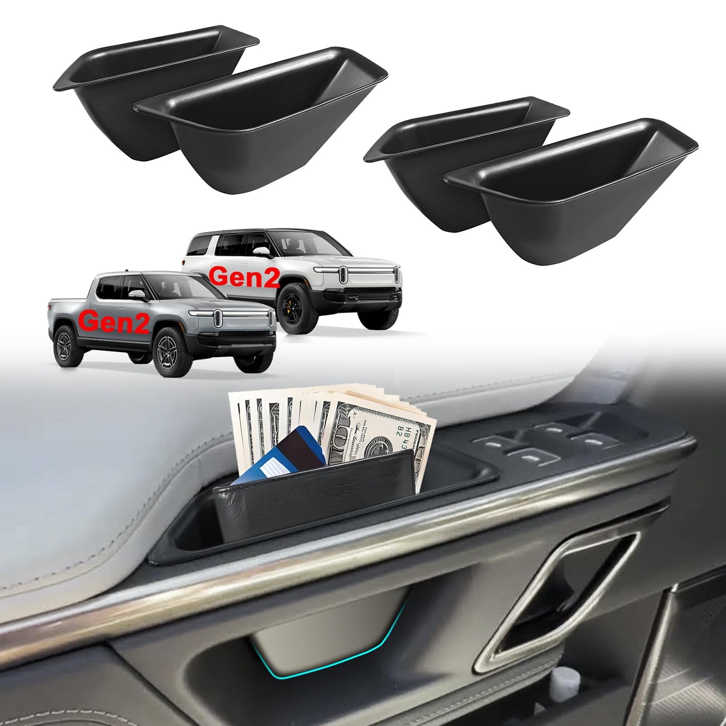 BestEvMod 4PCS Front & Rear Door Side Storage Organizer fit for Rivian R1T/R1S 2025 2026 Gen2 Interior Accessories Inner Door Handle Storage Box Insert Tray ABS Material Anti-Scratch