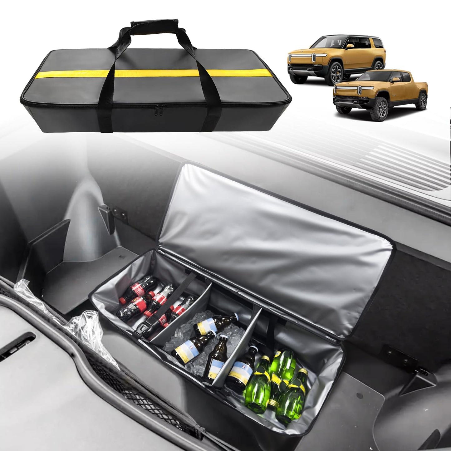 BestEvMod Compatible with Rivian R1T R1S Frunk Insulated Cooler Bag Waterproof Front Trunk Lower Deck Organizer Premium Leakproof Heavy Duty Bags with 3 Adjustable compartments 2022-2024 Accessories