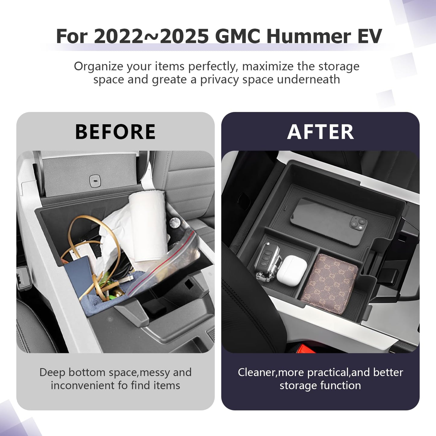 LUWU for 2022-2026 Rivian R1T/R1S Center Console Organizer Rivian Armrest Storage Armrest Organizer Insert Tray Rivian R1T/R1S Lower Console Organizer Storage Tray 2025 2026 Rivian R1T/R1S Accessories