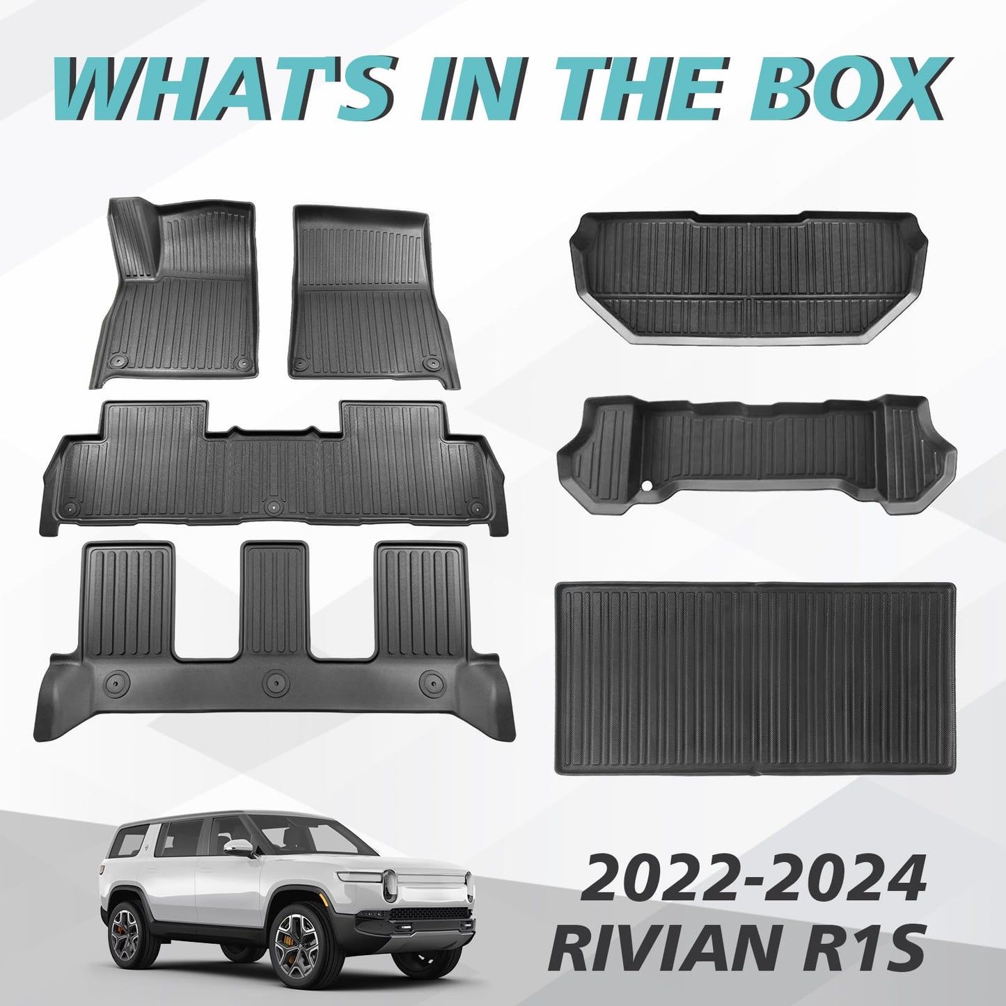 BestEvMod Compatible with Rivian R1S All Weather Cargo Liners Frunk Mat&Floor Liners&Trunk Mat Set Anti-Slip 3D Pattern TPE Waterproof Non-Slip 2022-2024 Accessories (R1S-Frunk+Floor+Trunk)