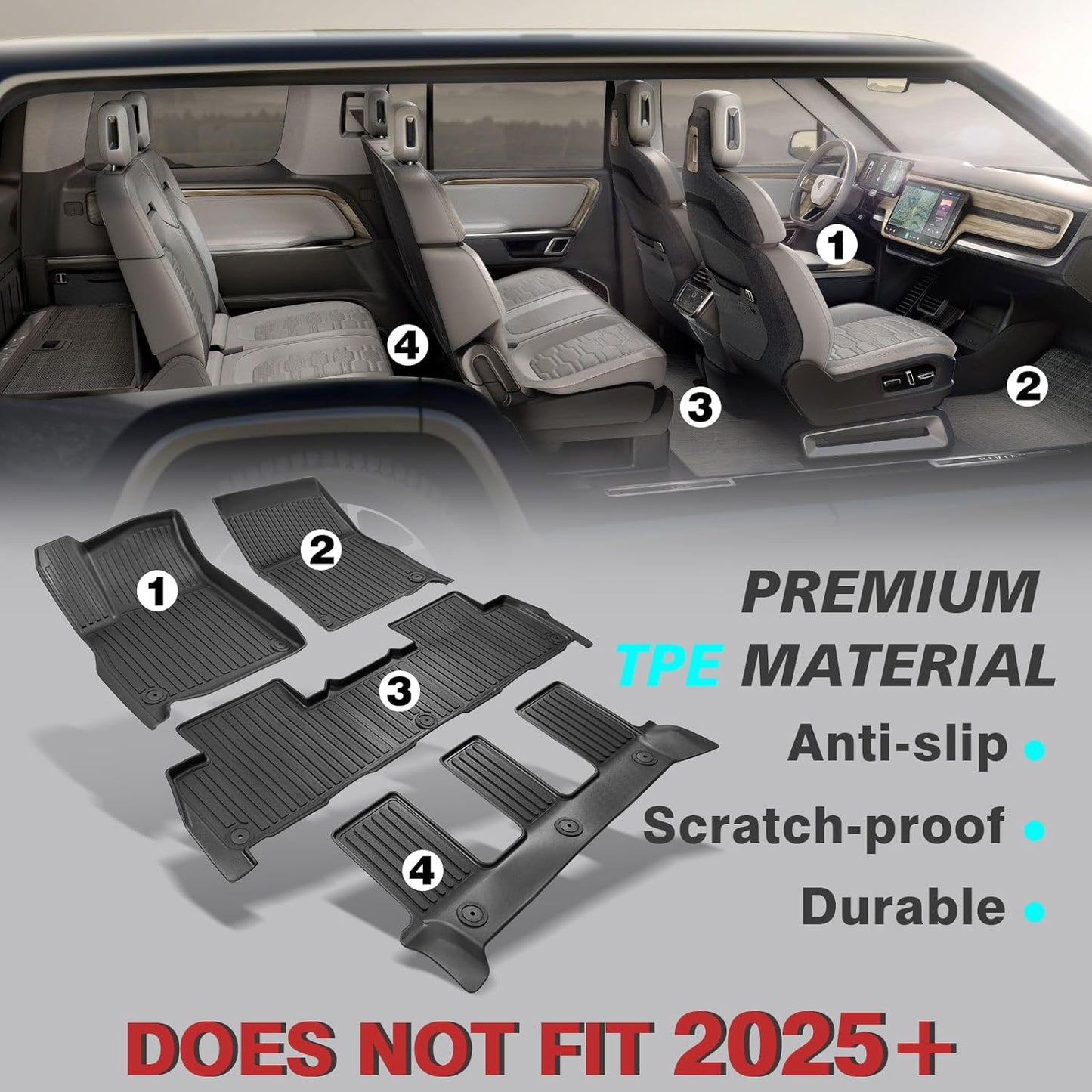 BestEvMod All Weather Floor Mats Compatible with Rivian R1S 2025 2026 Anti-Slip 3D Pattern TPE Heavy Duty Rubber Waterproof Non-Slip Floor Liner 1st & 2nd & 3rd Rows Set Gen 2 Accessories (2025+ R1S)