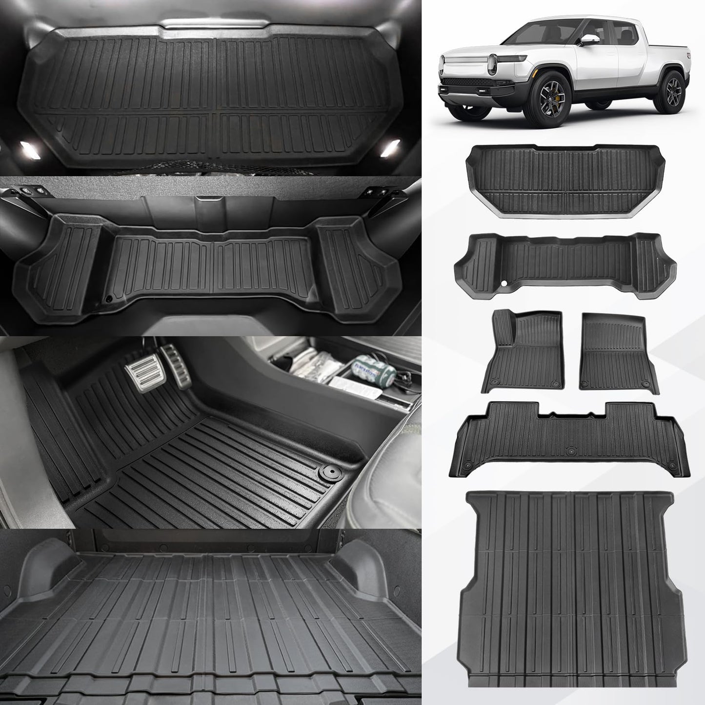 BestEvMod Compatible with Rivian R1S All Weather Cargo Liners Frunk Mat&Floor Liners&Trunk Mat Set Anti-Slip 3D Pattern TPE Waterproof Non-Slip 2022-2024 Accessories (R1S-Frunk+Floor+Trunk)
