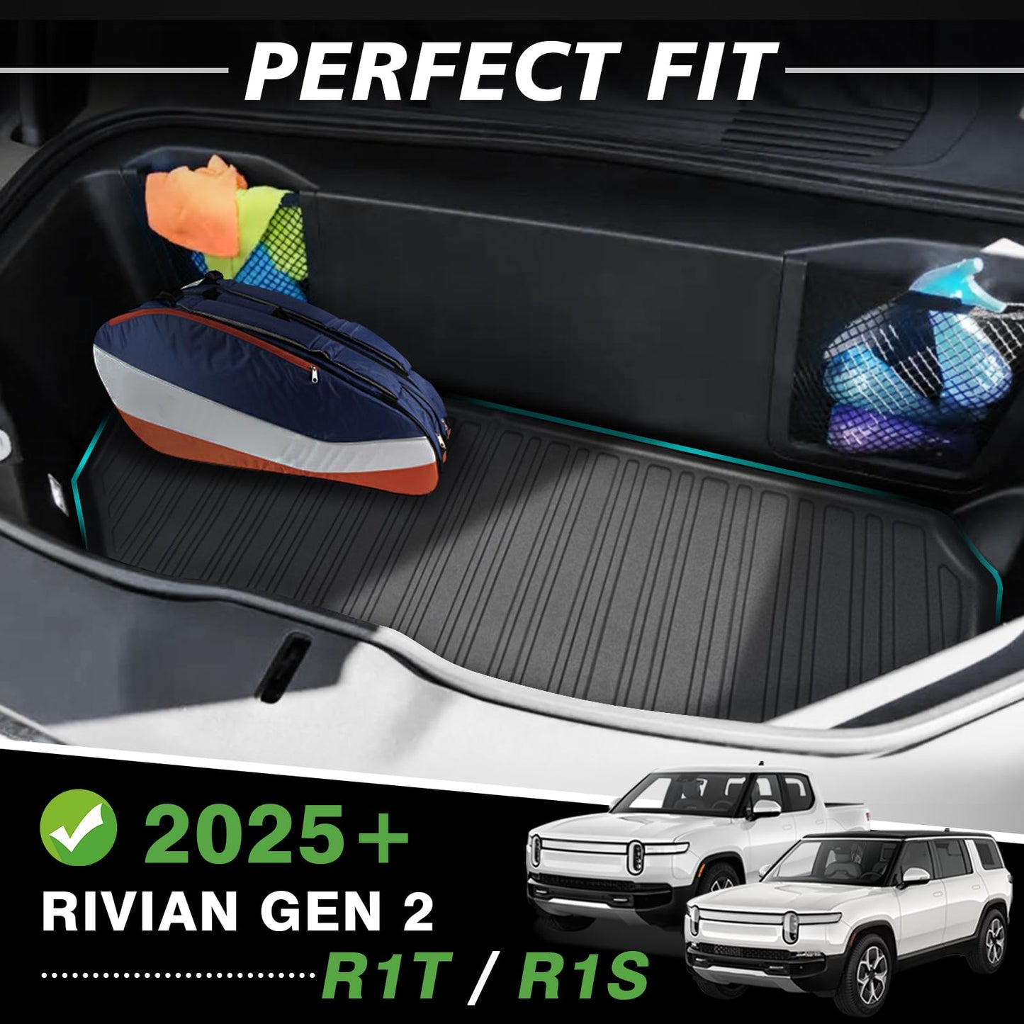 BestEvMod for Rivian R1S All Weather Trunk Mat Protection Accessories, 3D Cargo Liner TPE Material Compatible with Rivian R1S 2022-2025 2026 Interior Accessories