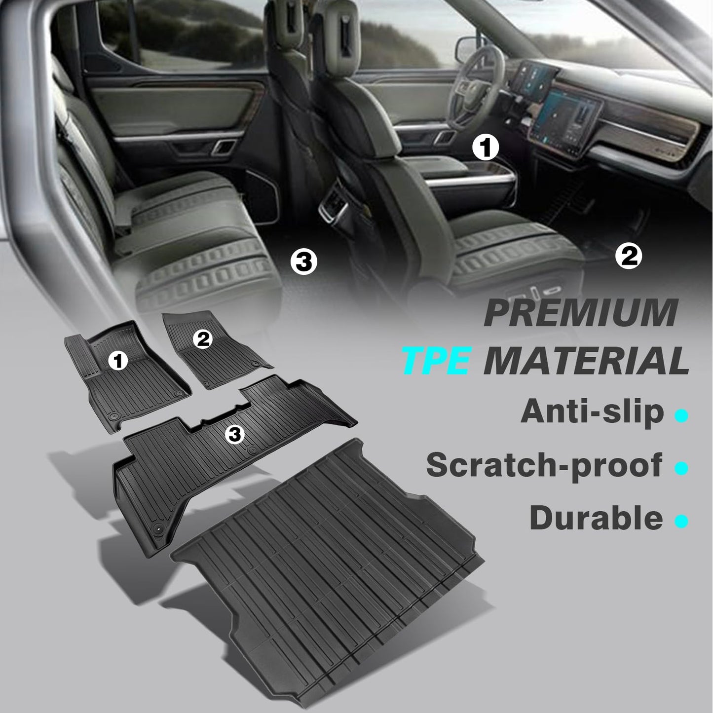 BestEvMod Compatible with Rivian R1S All Weather Cargo Liners Frunk Mat&Floor Liners&Trunk Mat Set Anti-Slip 3D Pattern TPE Waterproof Non-Slip 2022-2024 Accessories (R1S-Frunk+Floor+Trunk)