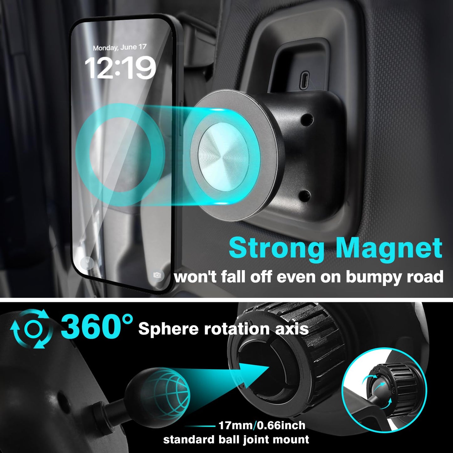 BestEvMod Seat Back Second Row Anchor 1/4 Screw Mount Phone Holder Tablet Mag Safe Compatible with 2022-2025 2026 Rivian R1T&R1S Backseat fits All Phones&Android 360° Adjustable (Phone Holder)