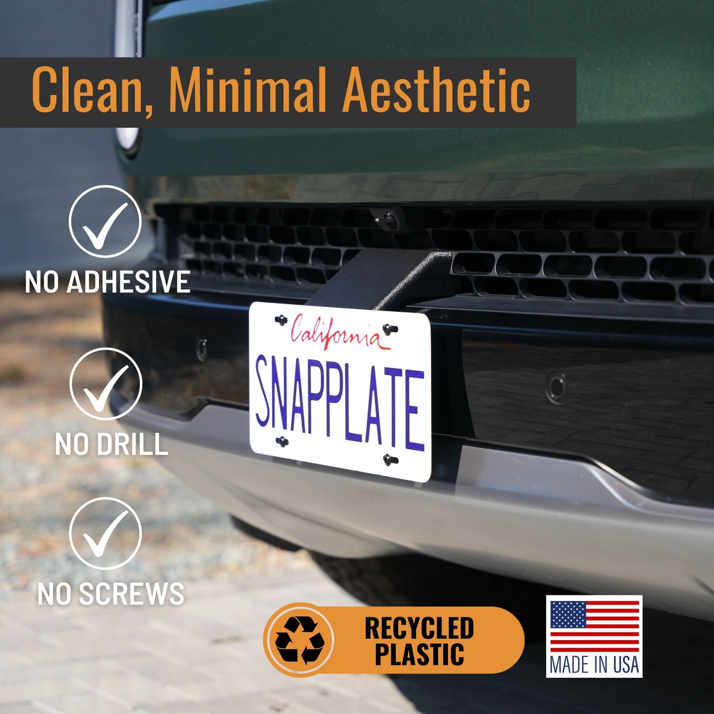 SnapPlate® No-Drill Front License Plate Mount for 2025-2026 Gen2 Rivian R1T & R1S - USA Made License Plate Holder Kit - No Screws, Lockable, Height-Adjustable, Removable, License Frame