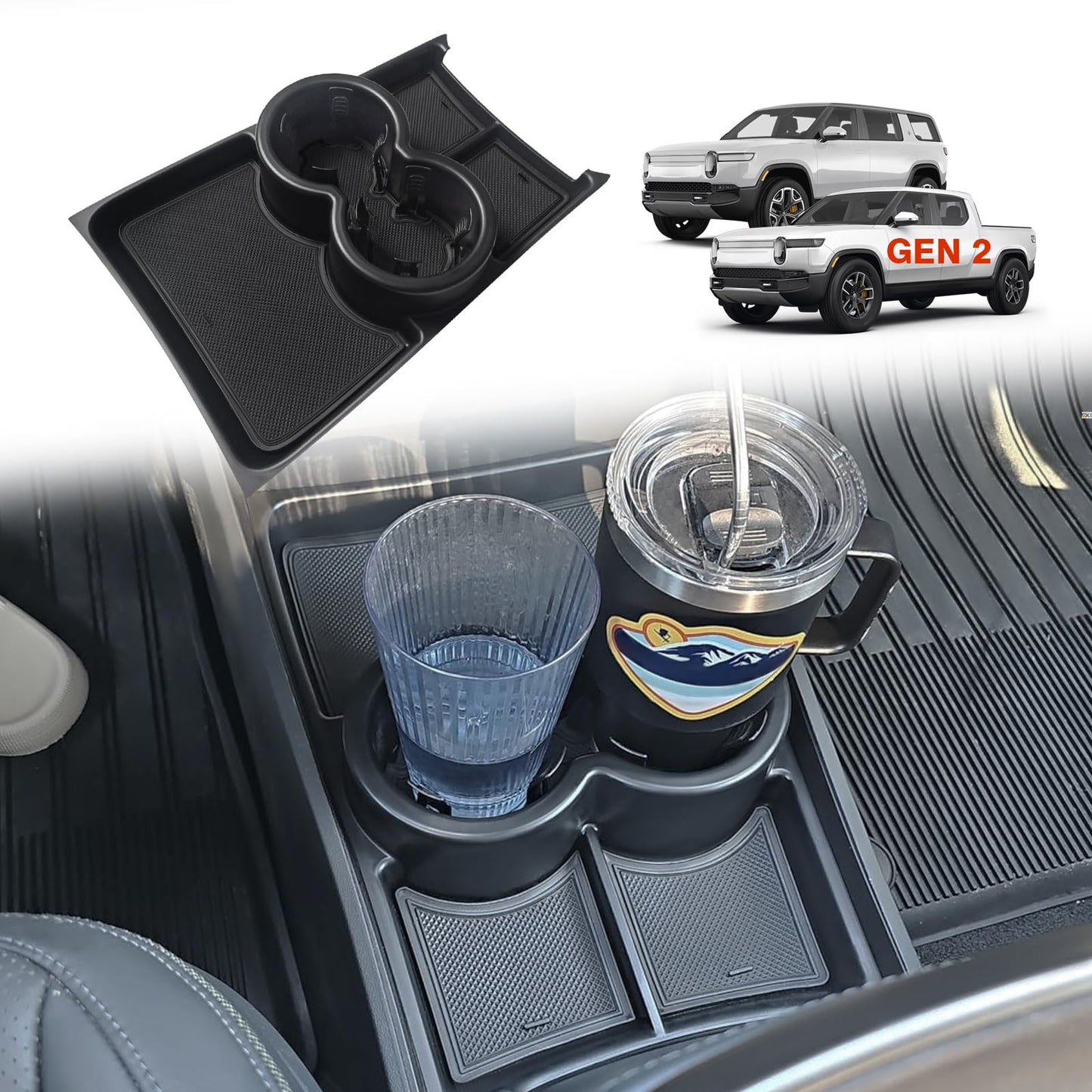 BestEvMod Gen 2 Lower Center Console Organizer Tray Compatible with Rivian R1T R1S 2026 2025 Gen 2 Fit 32oz Bottle Interior Accessories ABS Material with PVC Trim Floor Console Storage (Yellow)