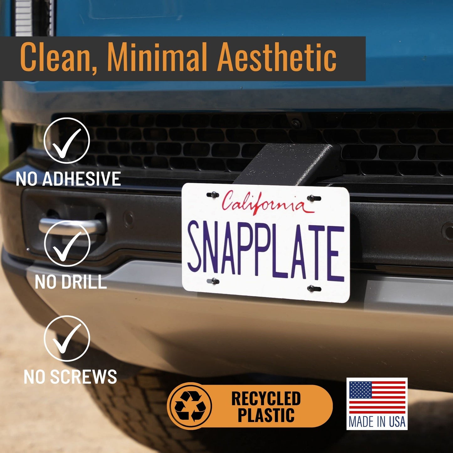 SnapPlate® No-Drill Front License Plate Mount for 2025-2026 Gen2 Rivian R1T & R1S - USA Made License Plate Holder Kit - No Screws, Lockable, Height-Adjustable, Removable, License Frame