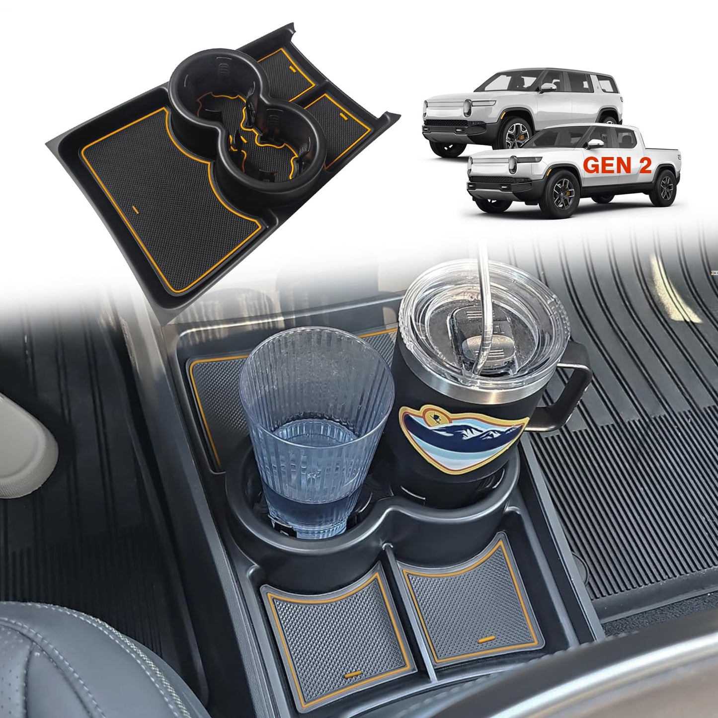 BestEvMod Gen 2 Lower Center Console Organizer Tray Compatible with Rivian R1T R1S 2026 2025 Gen 2 Fit 32oz Bottle Interior Accessories ABS Material with PVC Trim Floor Console Storage (Yellow)