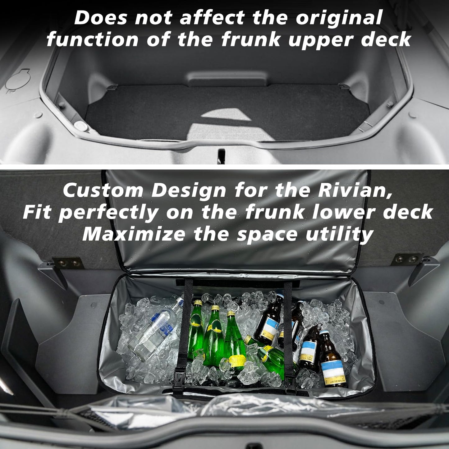 BestEvMod Compatible with Rivian R1T R1S Frunk Insulated Cooler Bag Waterproof Front Trunk Lower Deck Organizer Premium Leakproof Heavy Duty Bags with 3 Adjustable compartments 2022-2024 Accessories
