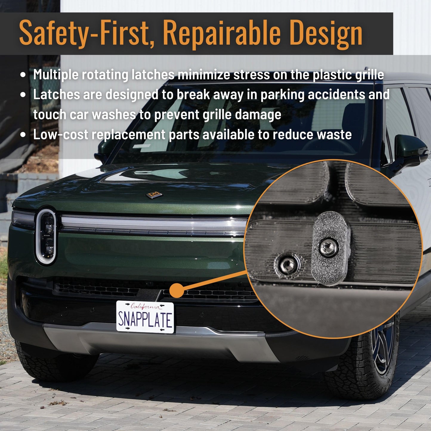 SnapPlate® No-Drill Front License Plate Mount for 2025-2026 Gen2 Rivian R1T & R1S - USA Made License Plate Holder Kit - No Screws, Lockable, Height-Adjustable, Removable, License Frame