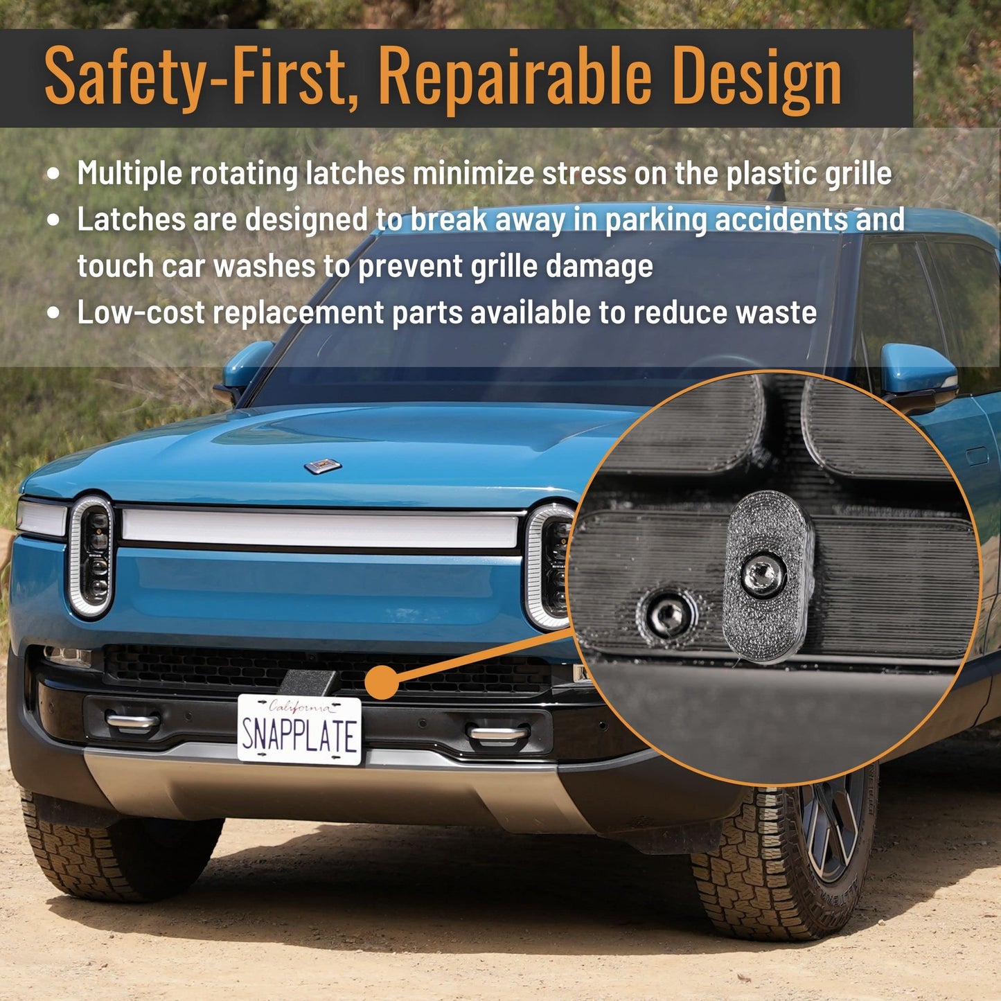 SnapPlate® No-Drill Front License Plate Mount for 2025-2026 Gen2 Rivian R1T & R1S - USA Made License Plate Holder Kit - No Screws, Lockable, Height-Adjustable, Removable, License Frame