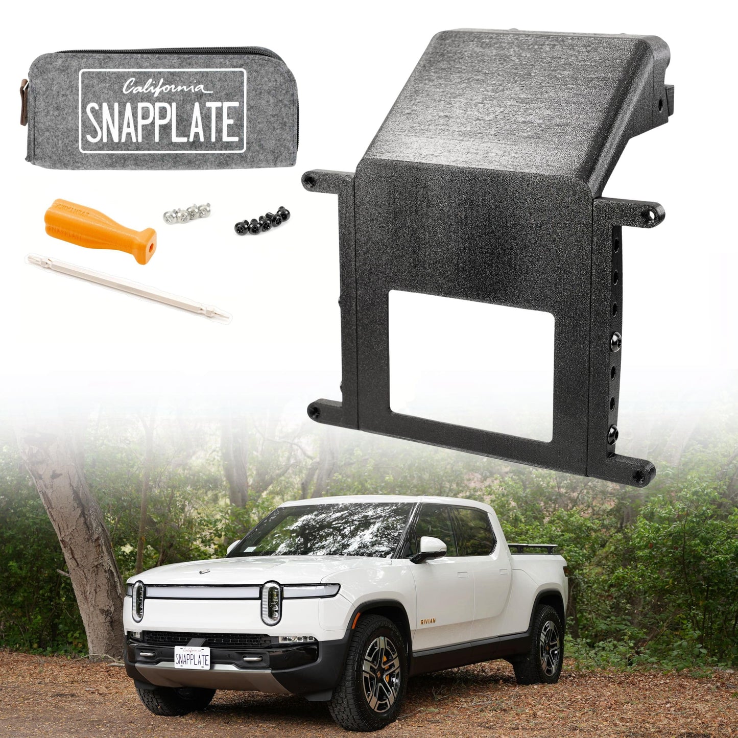 SnapPlate® No-Drill Front License Plate Mount for 2025-2026 Gen2 Rivian R1T & R1S - USA Made License Plate Holder Kit - No Screws, Lockable, Height-Adjustable, Removable, License Frame