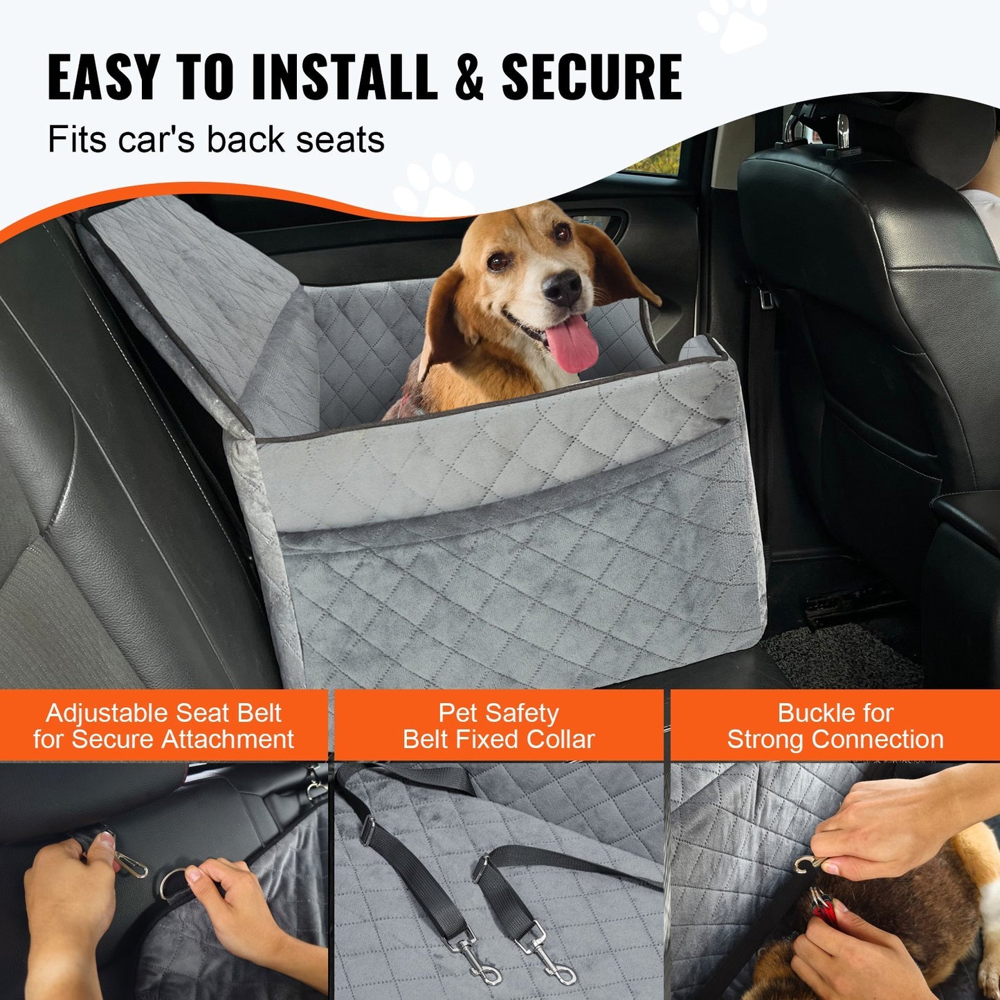 Pet Car Seat With Storage Pocket and Clip-On Safety Leash (up to 55 lbs)