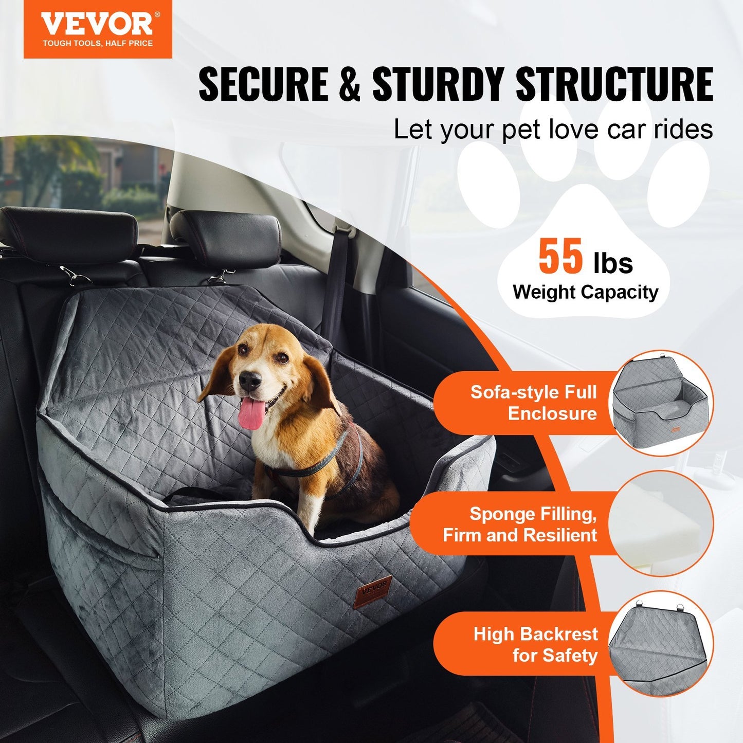 Pet Car Seat With Storage Pocket and Clip-On Safety Leash (up to 55 lbs)